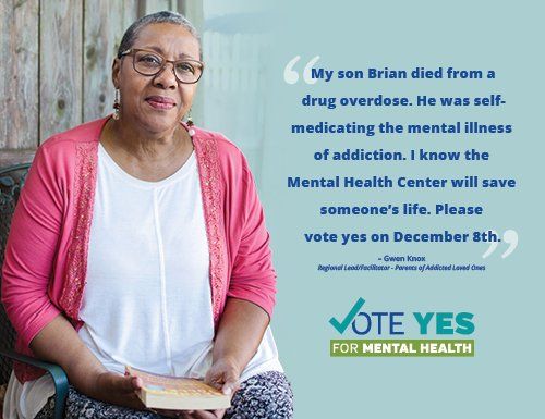 Woman holding a book, speaking in support of a mental health center. Text urges to vote yes on December 8th.