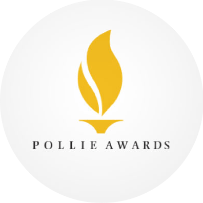Pollie Awards logo: yellow flame icon above 