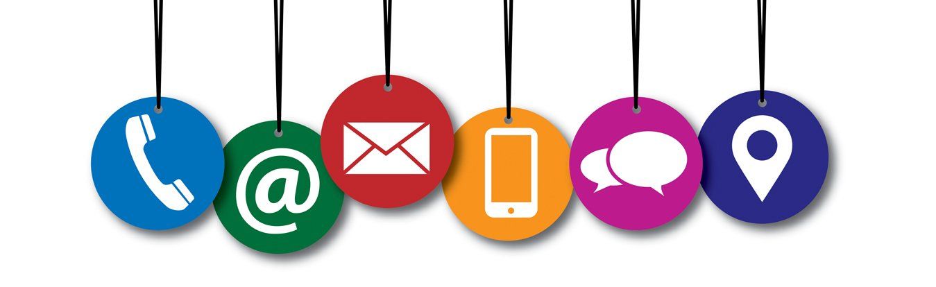Six hanging, colorful circles featuring icons for phone, email, letter, mobile, chat, and location.