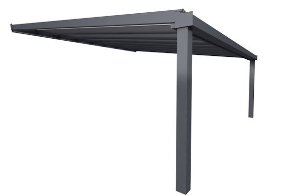 A grey, wall-mounted patio cover or carport with two support posts against a white background.