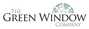 Logo for The Green Window Company, featuring the company name in a serif font and a stylized green sun icon.