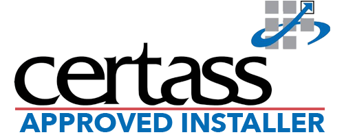 Certass Approved Installer logo: black text with a blue and grey grid icon with an arrow pointing upward.