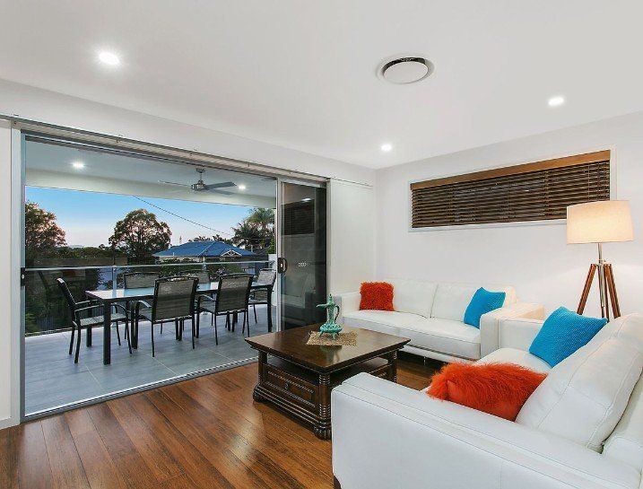 family room in narrow lot home