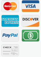 Logos for accepted payment methods: MasterCard, Visa, American Express, Discover, PayPal, cash, and check.