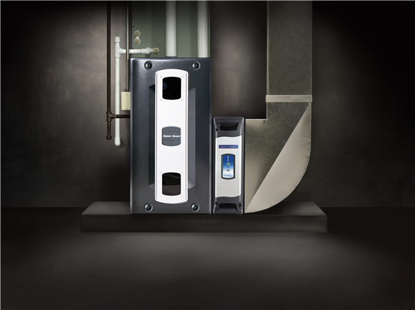 HVAC air purification system, gray metal, installed on dark wall, with ductwork visible, and electronic display panel.