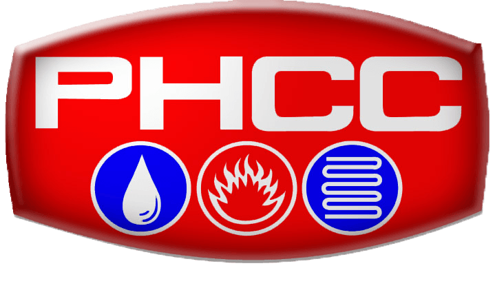 A red and white phcc logo with a drop of water and a flame