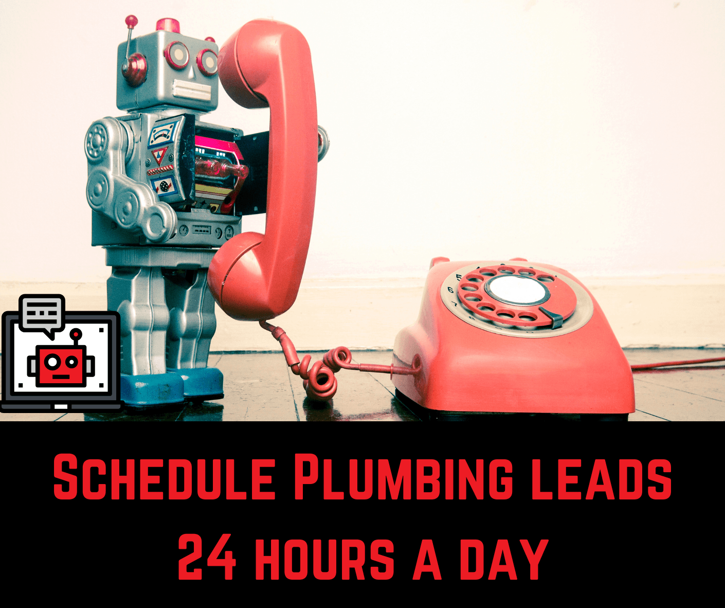 A toy robot is talking on a red telephone