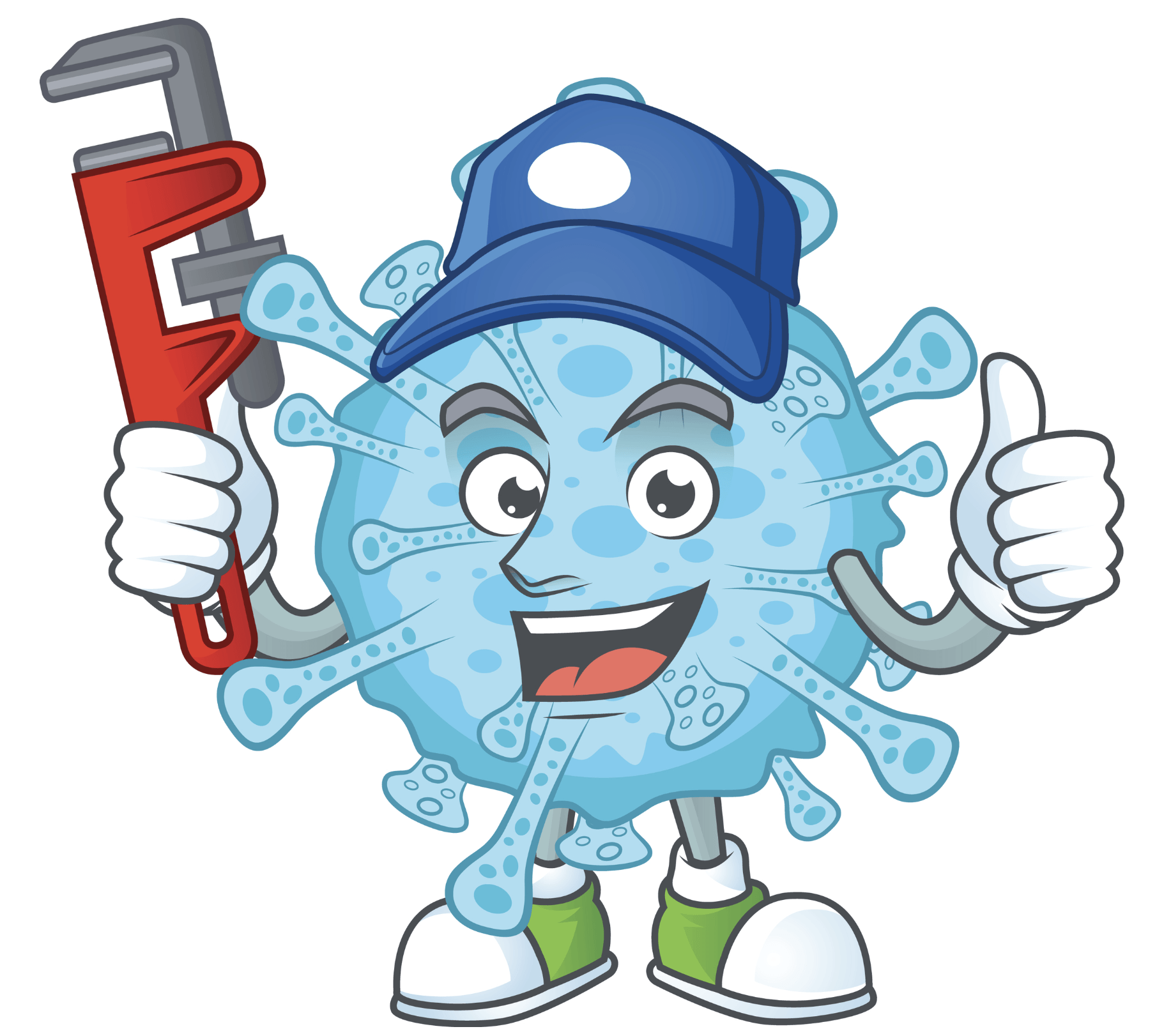 A cartoon illustration of a virus holding a wrench and giving a thumbs up.