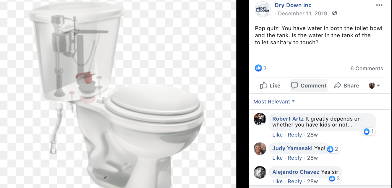 A picture of a toilet next to a facebook post.