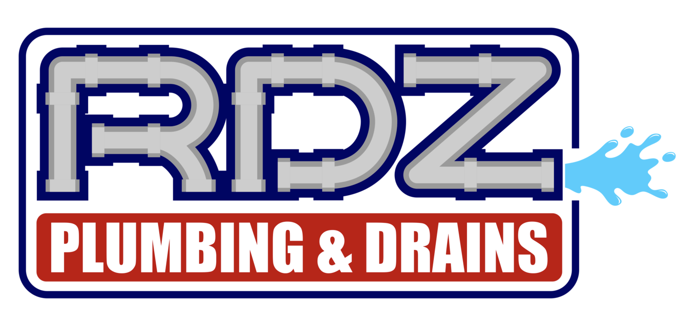 A logo for rdz plumbing and drains with a splash of water.