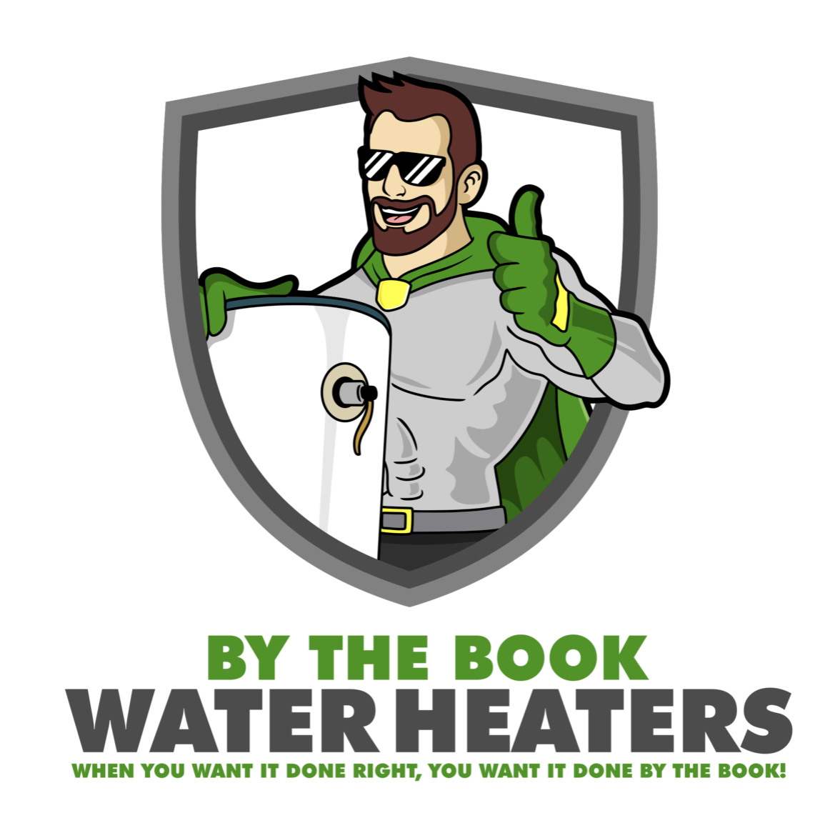 The logo for by the book water heaters shows a man holding a shield and giving a thumbs up.