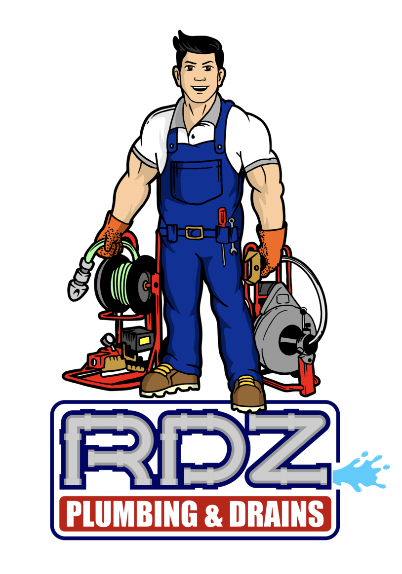 The logo for rdz plumbing and drains shows a plumber holding a machine.