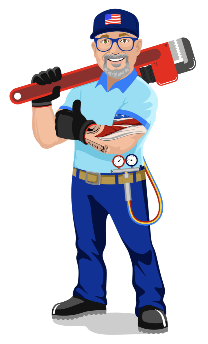 A plumber is holding a wrench on his shoulder and giving a thumbs up.