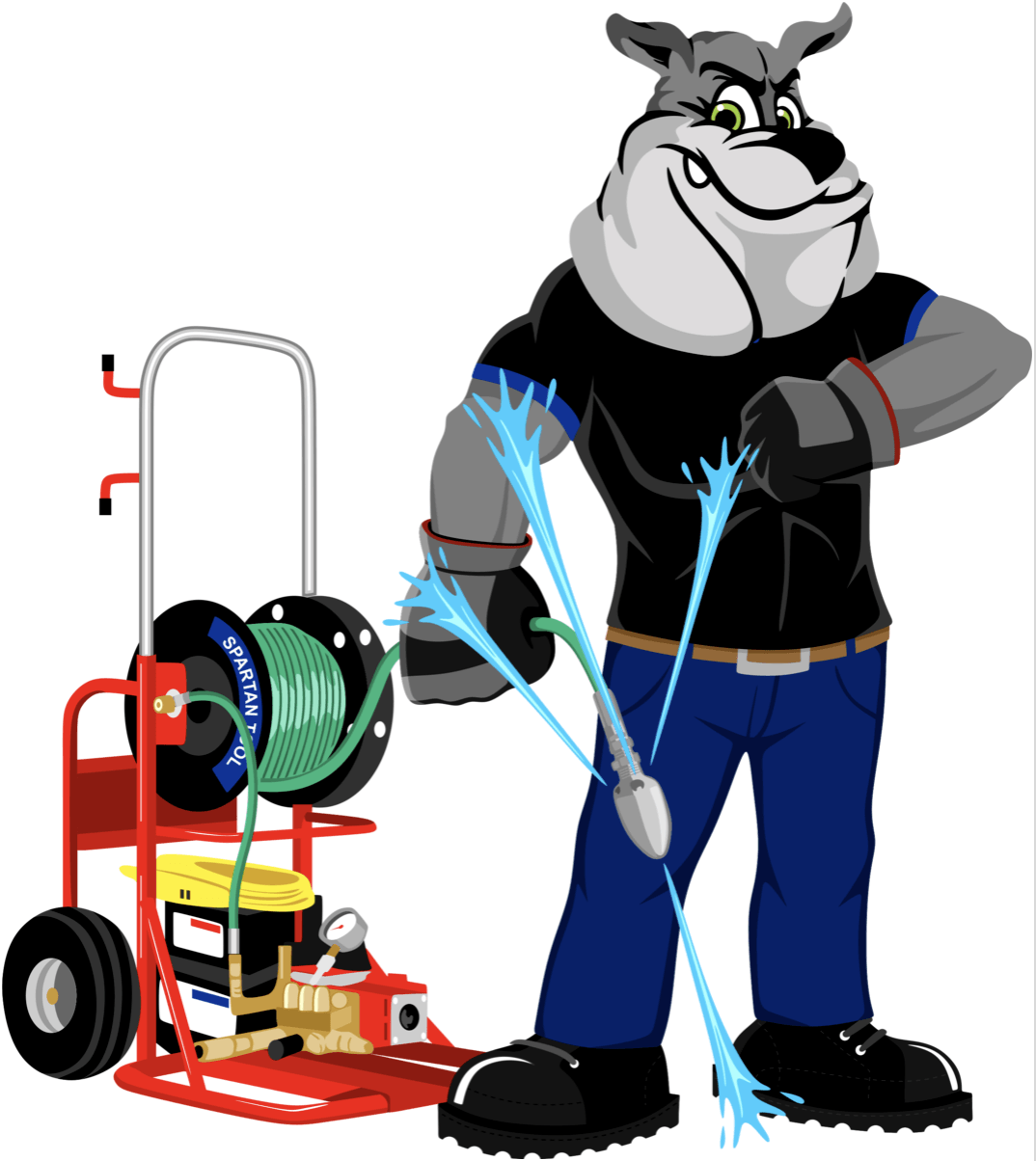 A cartoon wolf is holding a hose and a hose reel.