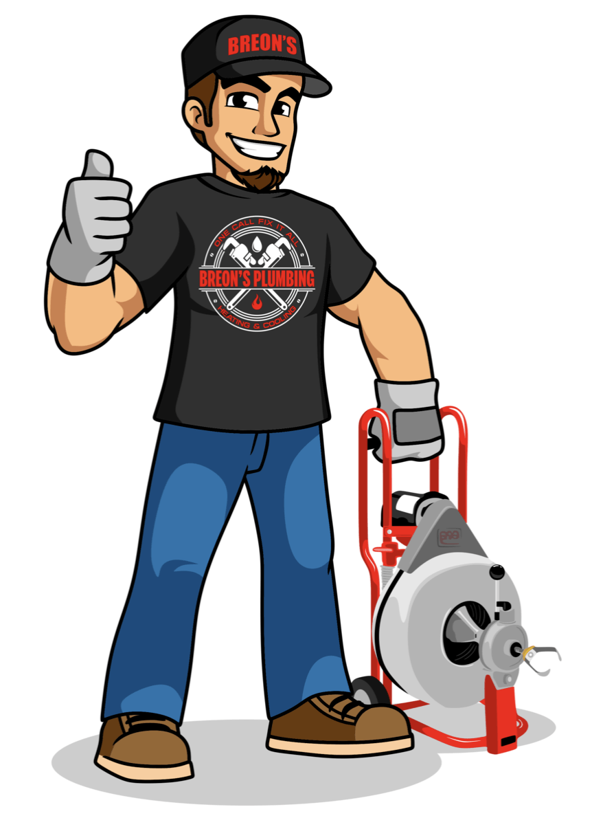 A cartoon of a plumber holding a drain cleaner and giving a thumbs up.