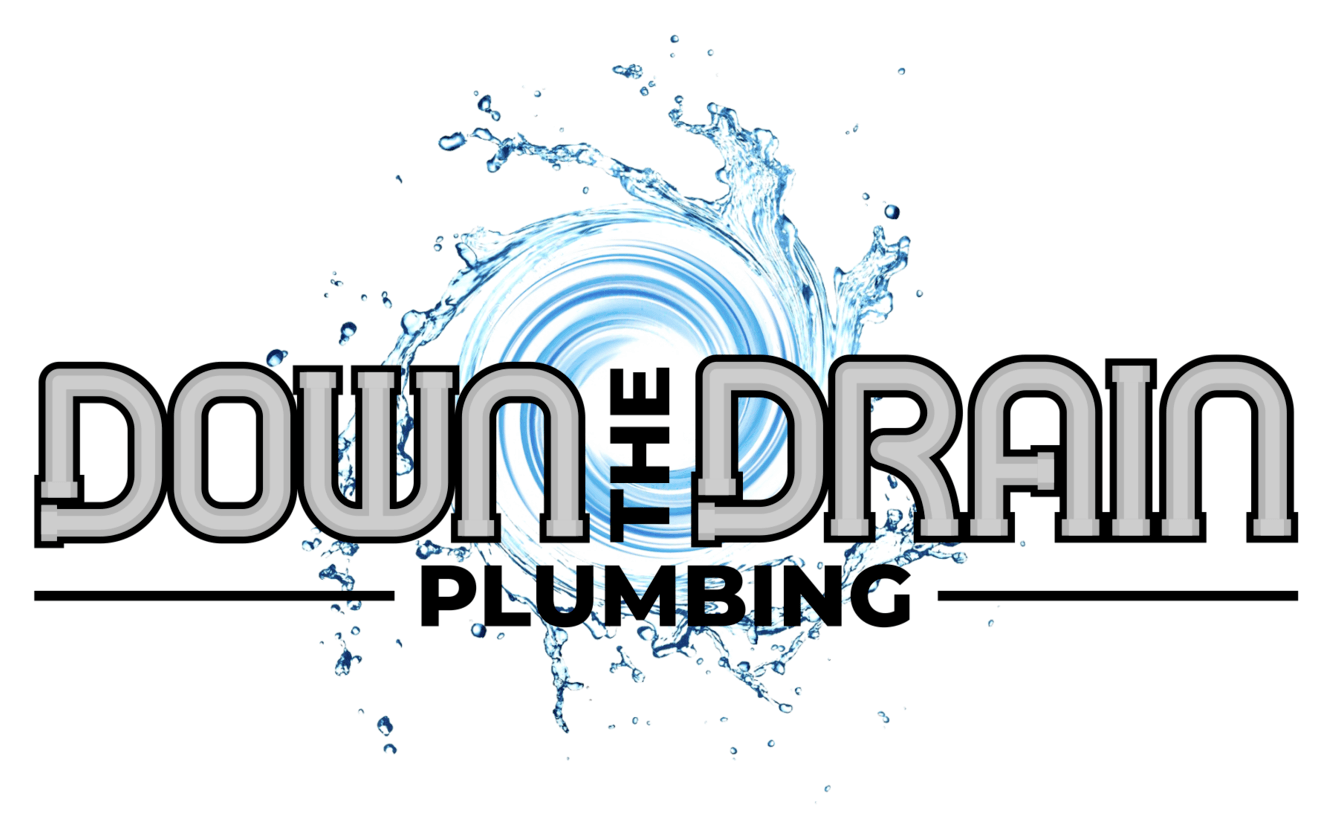 The logo for down the drain plumbing shows a splash of water.