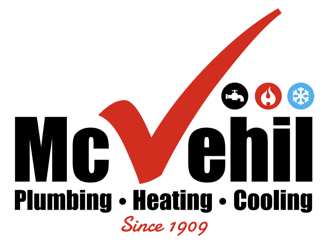The logo for mc vehil plumbing heating and cooling since 1909