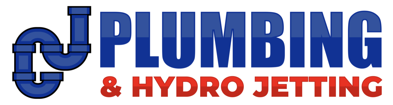 A plumbing and hydro jetting logo with a blue pipe in the middle.