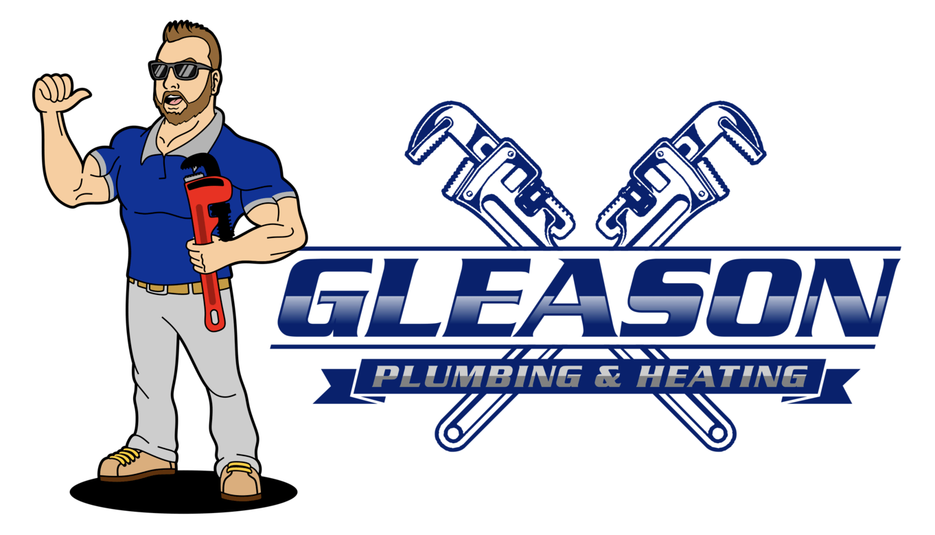 The logo for gleason plumbing and heating shows a man holding a wrench.