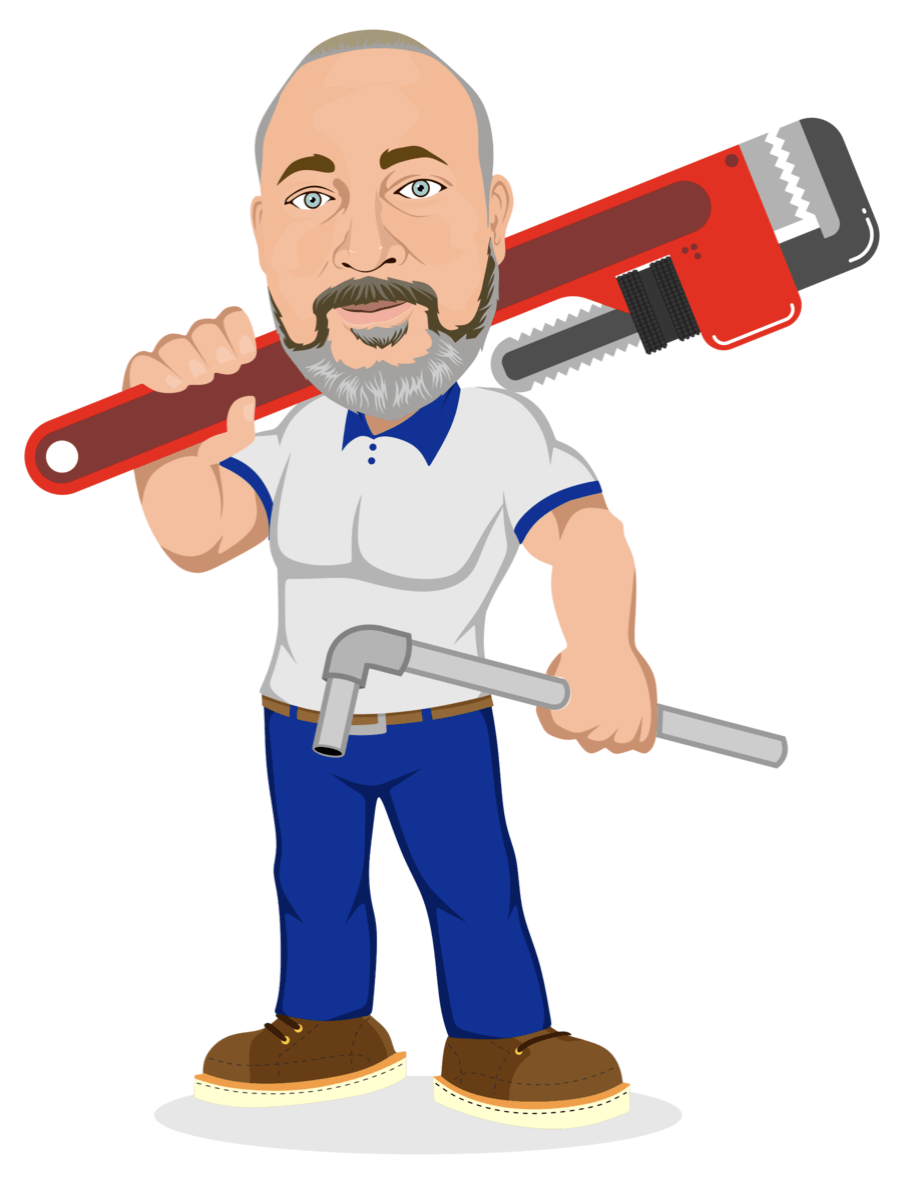 A man with a beard is holding a wrench over his shoulder.