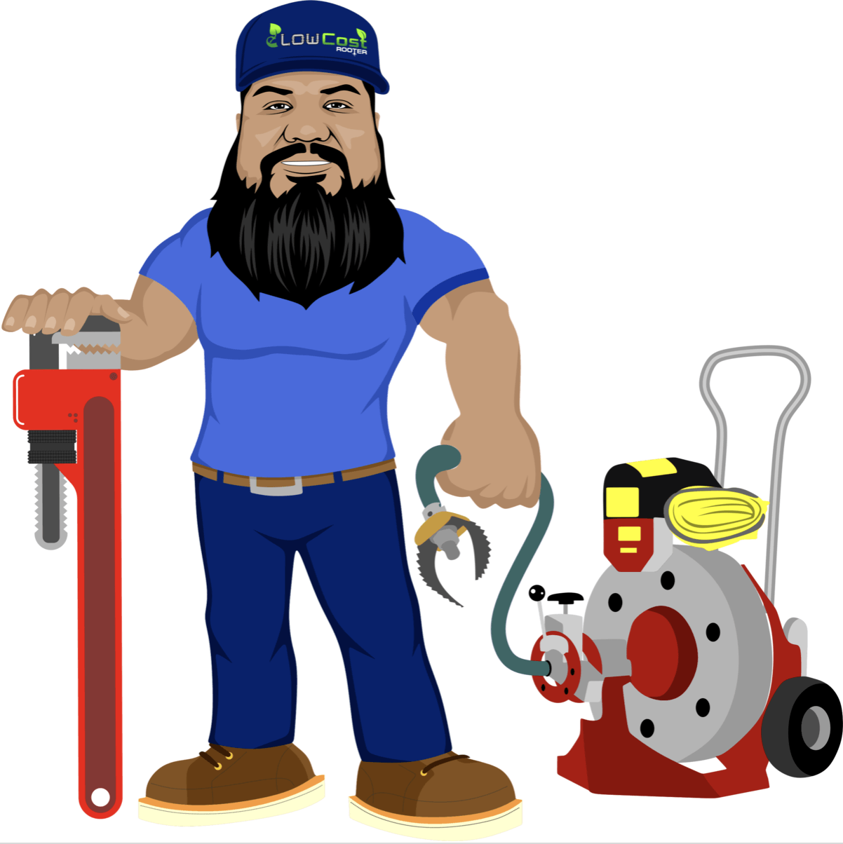 A man with a beard is holding a pipe wrench and a drain cleaner.
