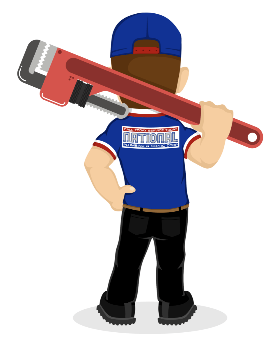 A plumber is holding a large wrench over his shoulder.