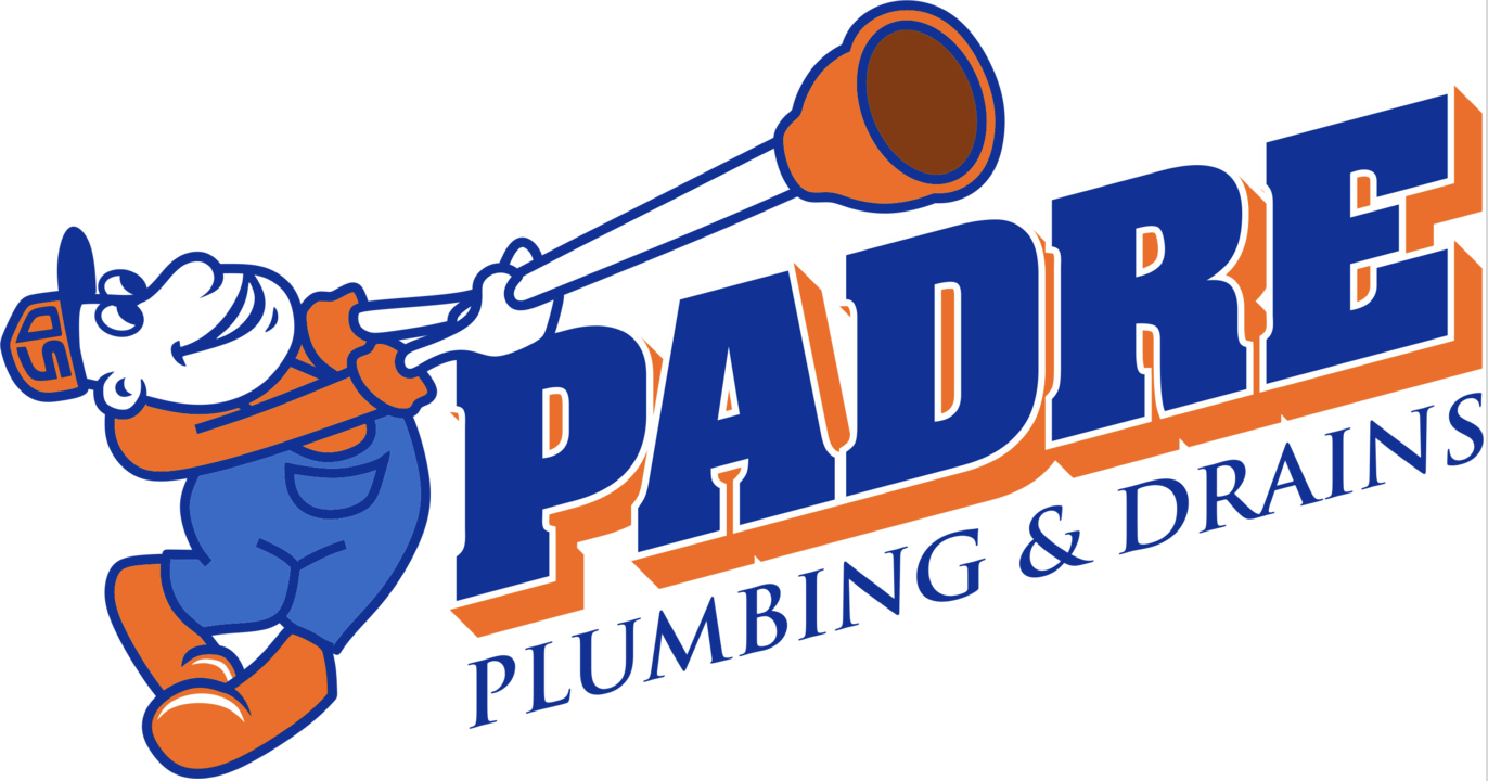 A logo for padre plumbing and drains with a man holding a plunger