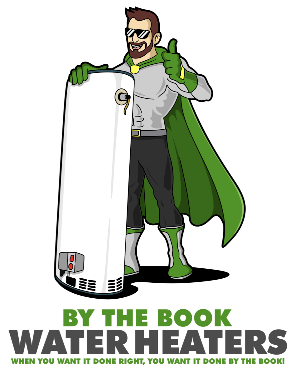 A man in a green cape is holding a water heater and giving a thumbs up.