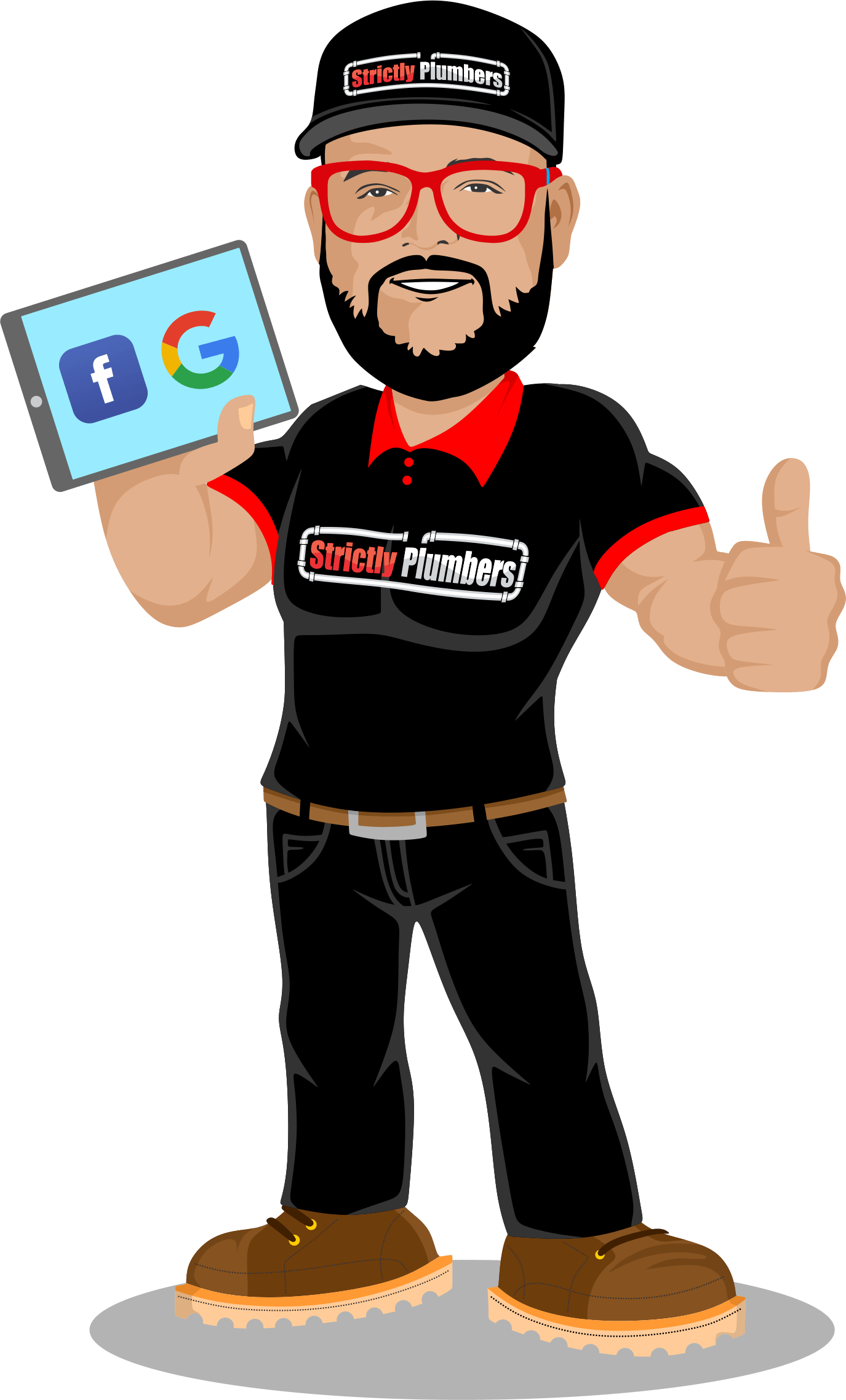 A man with a beard is holding a tablet and giving a thumbs up.