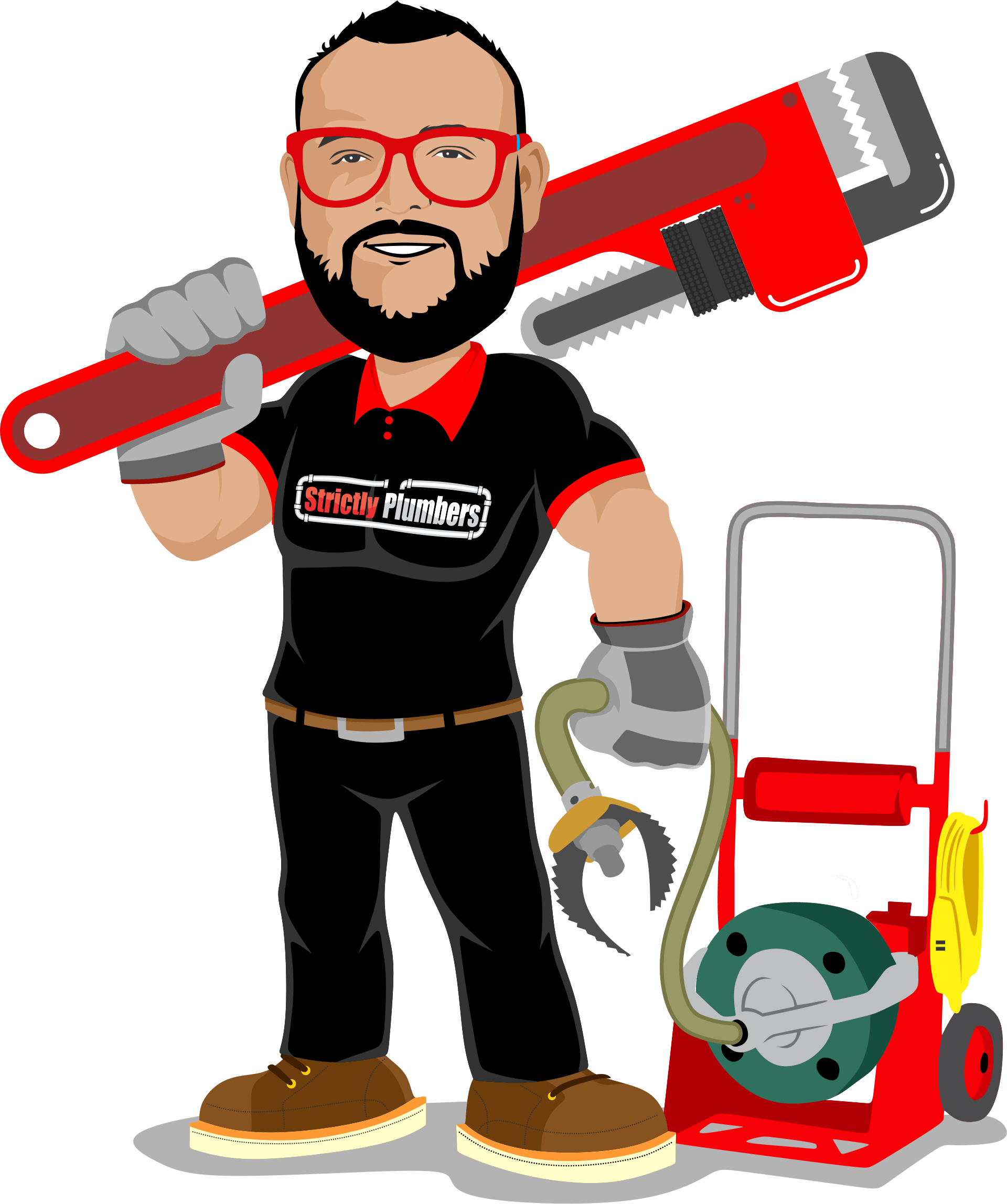 A cartoon of a plumber holding a wrench and a hose.