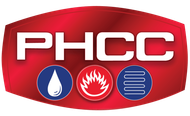 A red phcc logo with a drop of water and a fire