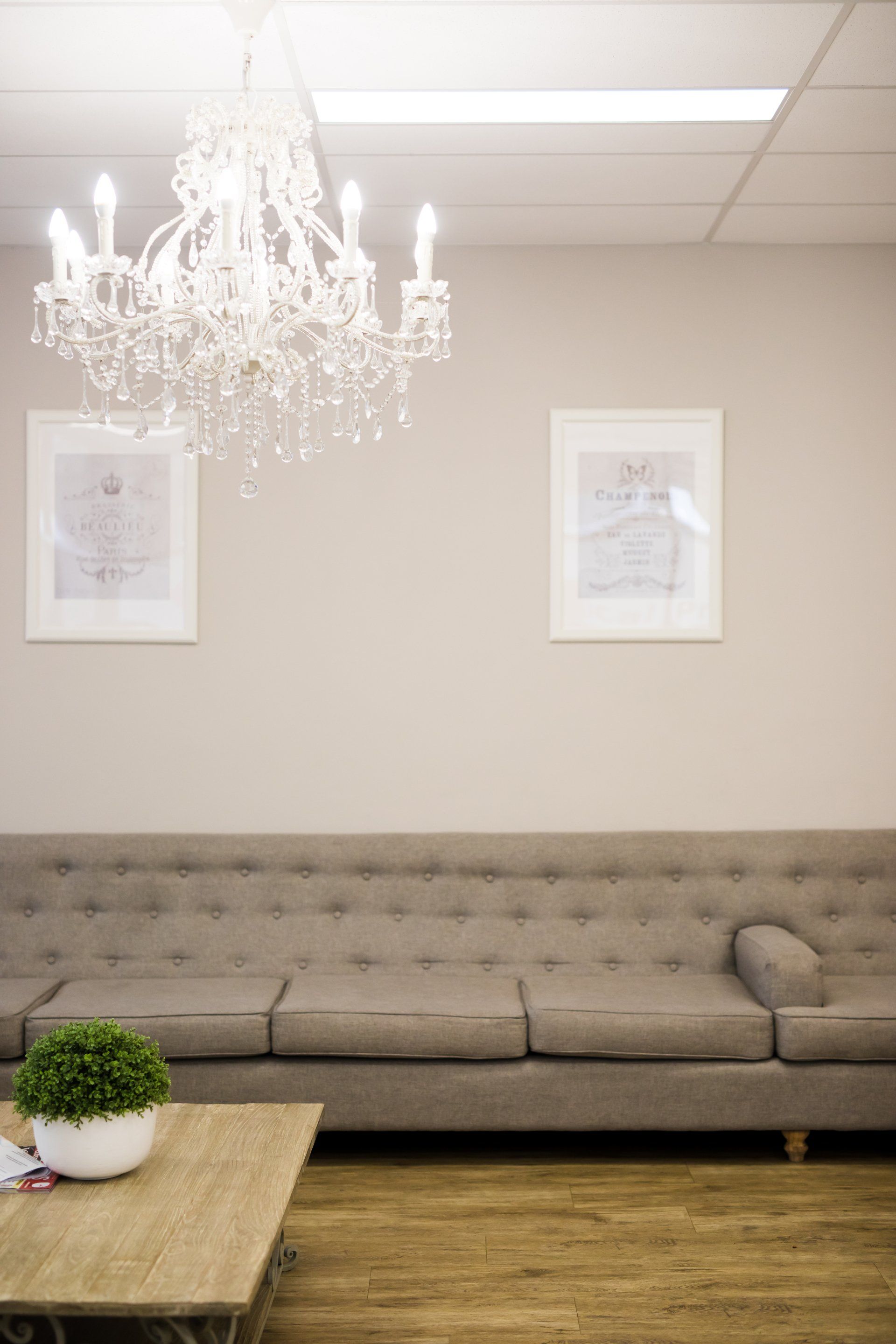Chic waiting room with a tufted gray sofa, crystal chandelier, framed wall art, and a small table with greenery.