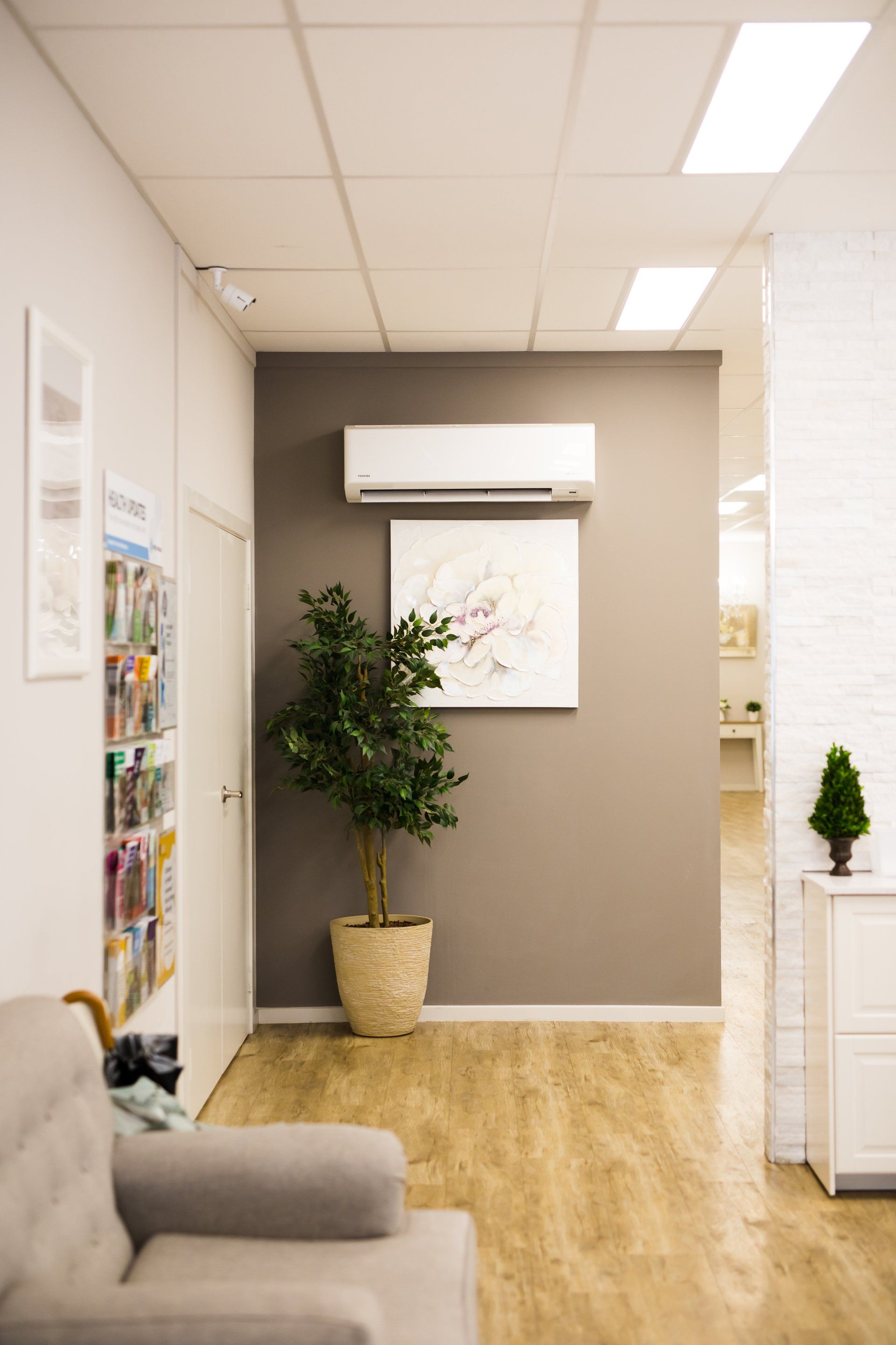 Bright office hallway with wood floor, potted plant, wall art, and air conditioner.