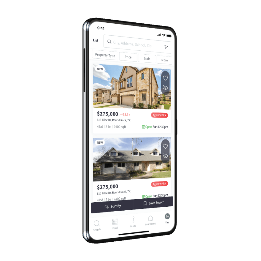 A cell phone with a real estate app on it.