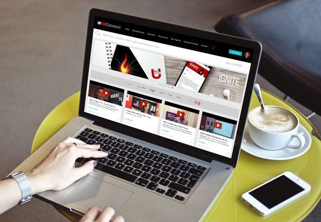 A person is using a laptop on a table with a cup of coffee and a cell phone