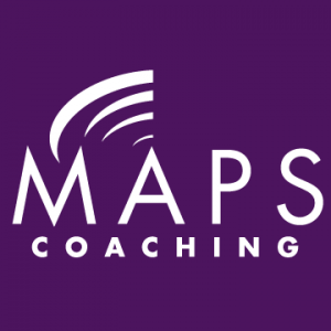 The logo for maps coaching is purple and white