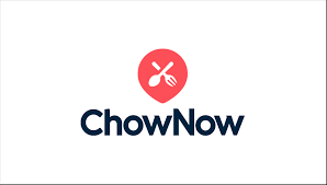 A logo for chownow with a fork and spoon in a red circle.