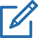 Blue pencil writing on a white document within a blue square.