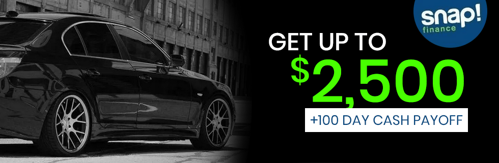 Black car with offer for up to $2,500 cash payoff. Snap Finance logo in top right.