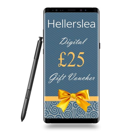 A digital gift voucher on a phone screen for Hellerslea, worth £25, with a ribbon.