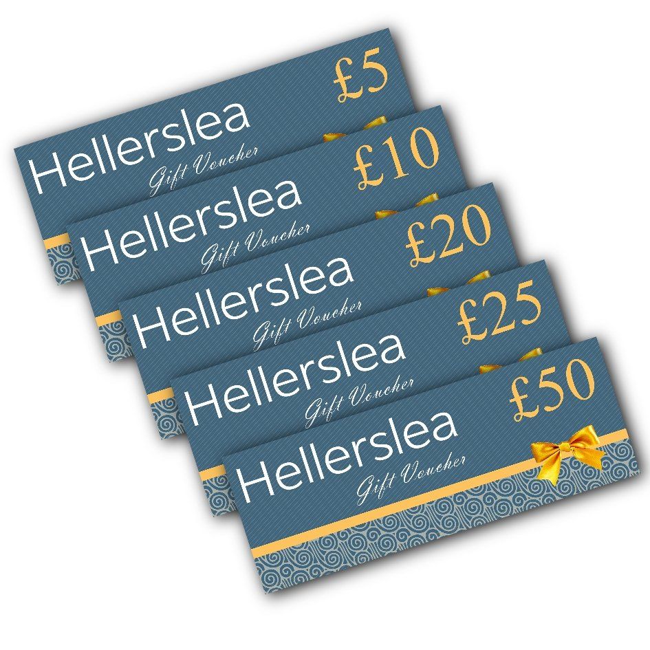 Gift vouchers for Hellerslea in values of £5, £10, £20, £25, and £50, in blue with a gold ribbon.