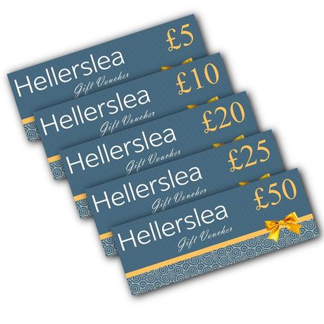 Gift vouchers for Hellerslea in values of £5, £10, £20, £25, and £50, in blue with a gold ribbon.
