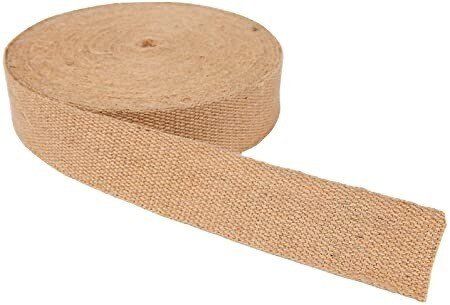 Roll of brown burlap ribbon, partially unrolled, on a white surface.