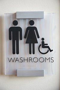 Washrooms sign with male, female, and wheelchair accessibility icons on a white wall