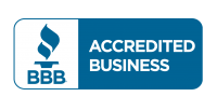 A blue and white Better Business Bureau (BBB) Accredited Business seal.