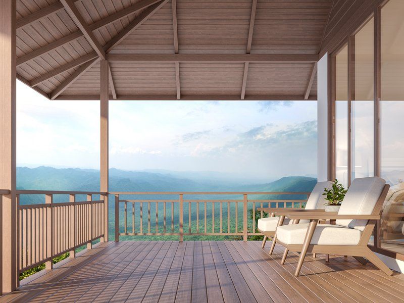 wood deck in a mountain town