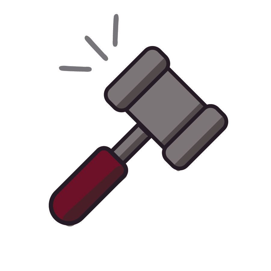 A judge 's gavel with a red handle on a white background.