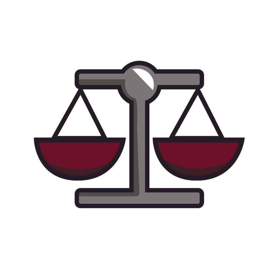 A cartoon illustration of a scale of justice on a white background.
