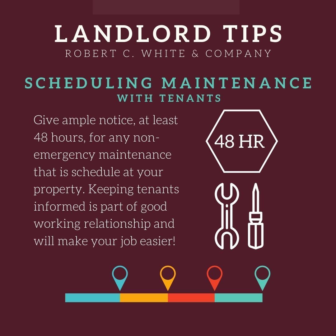 A poster that says landlord tips scheduling maintenance with tenants