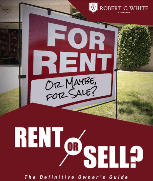 A red and white sign that says for rent on it